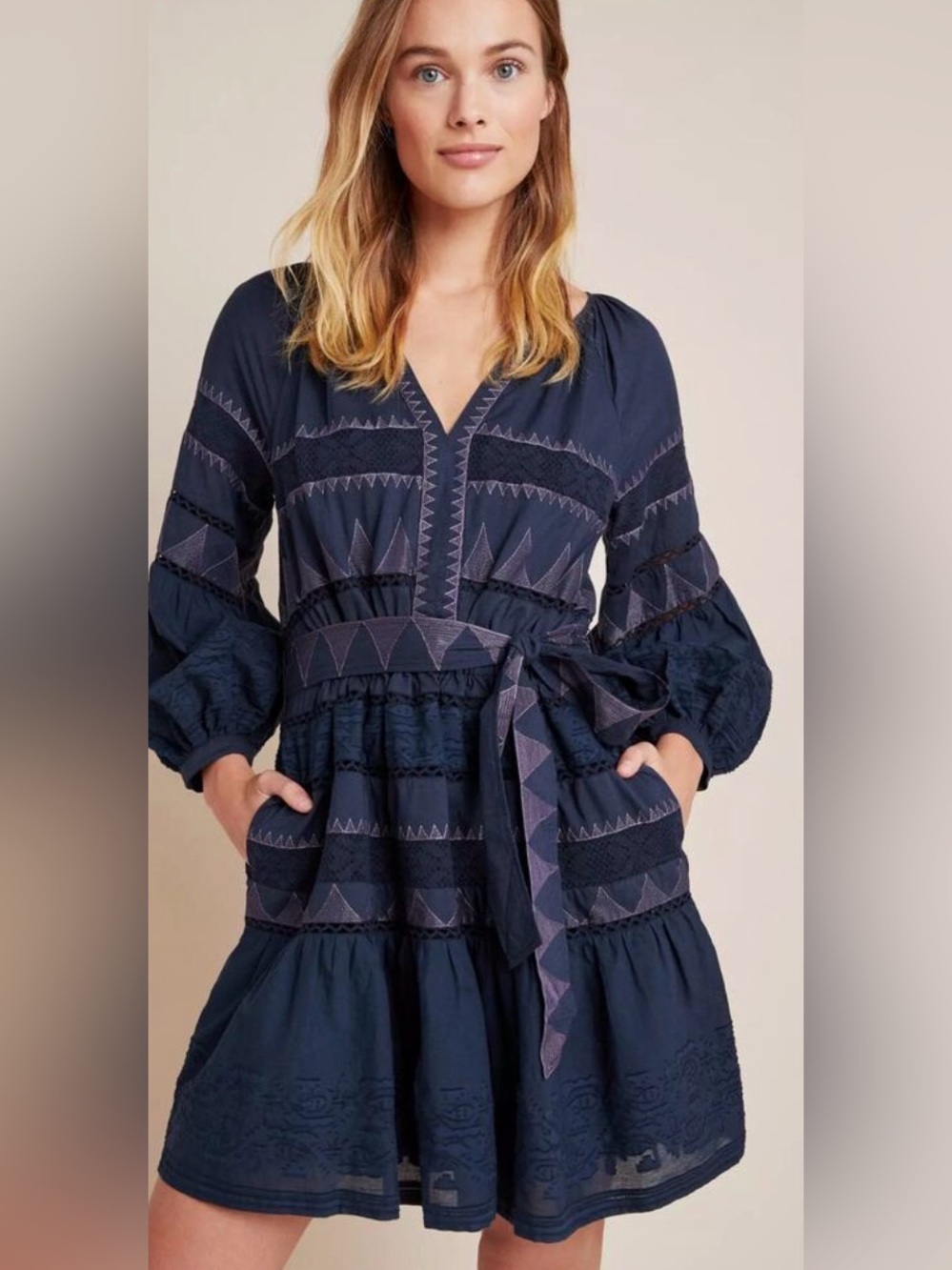 By Anthropologie Skye Embroidered Navy Blue Purple Tie Mini Dress Women's XS